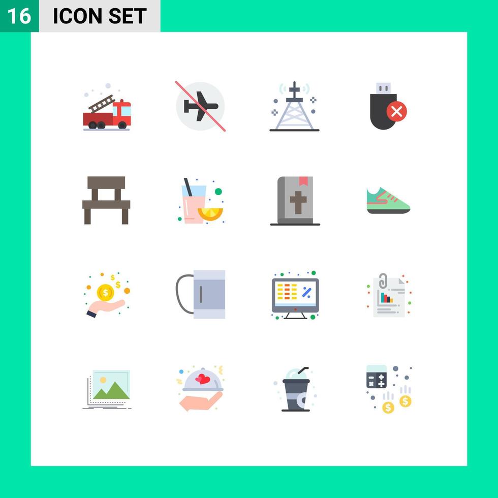 Pack of 16 Modern Flat Colors Signs and Symbols for Web Print Media such as hardware computers off tower signal Editable Pack of Creative Vector Design Elements