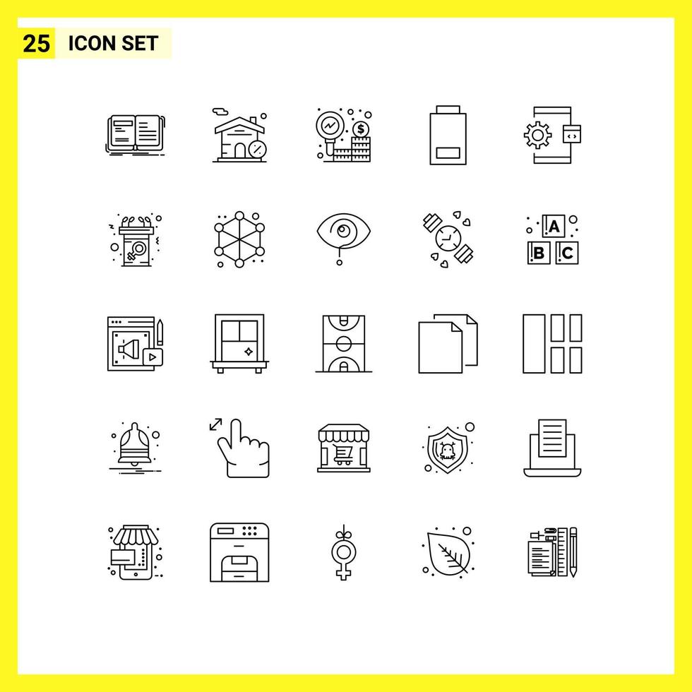Mobile Interface Line Set of 25 Pictograms of coding status business low battery Editable Vector Design Elements