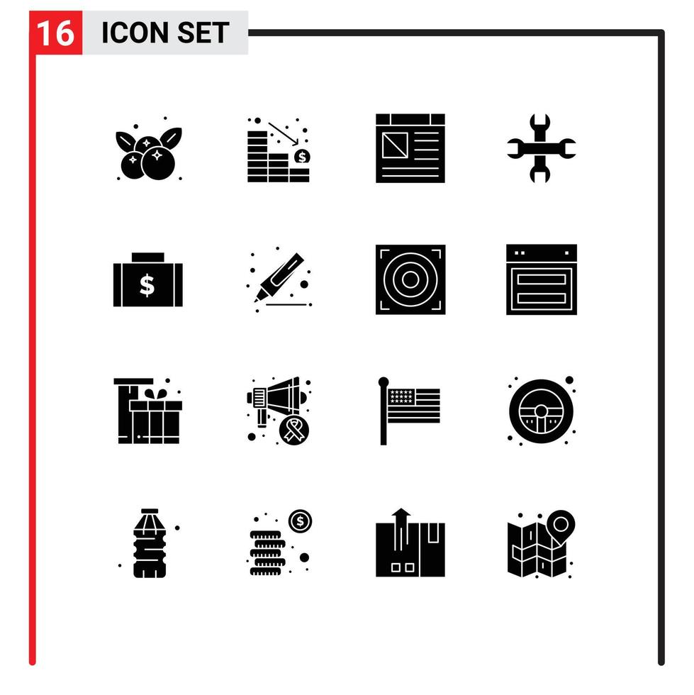 Set of 16 Commercial Solid Glyphs pack for finance bag app wrench options Editable Vector Design Elements