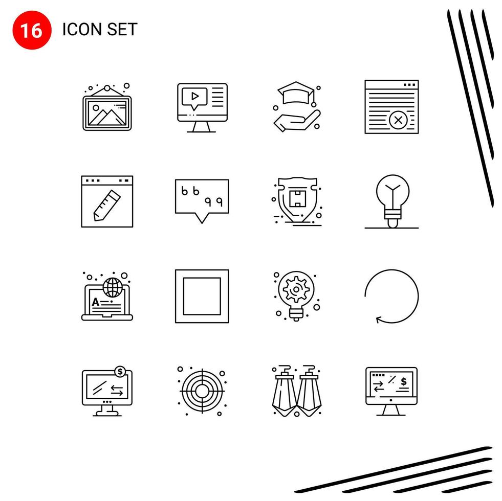 Mobile Interface Outline Set of 16 Pictograms of edit browser education webpage internet Editable Vector Design Elements