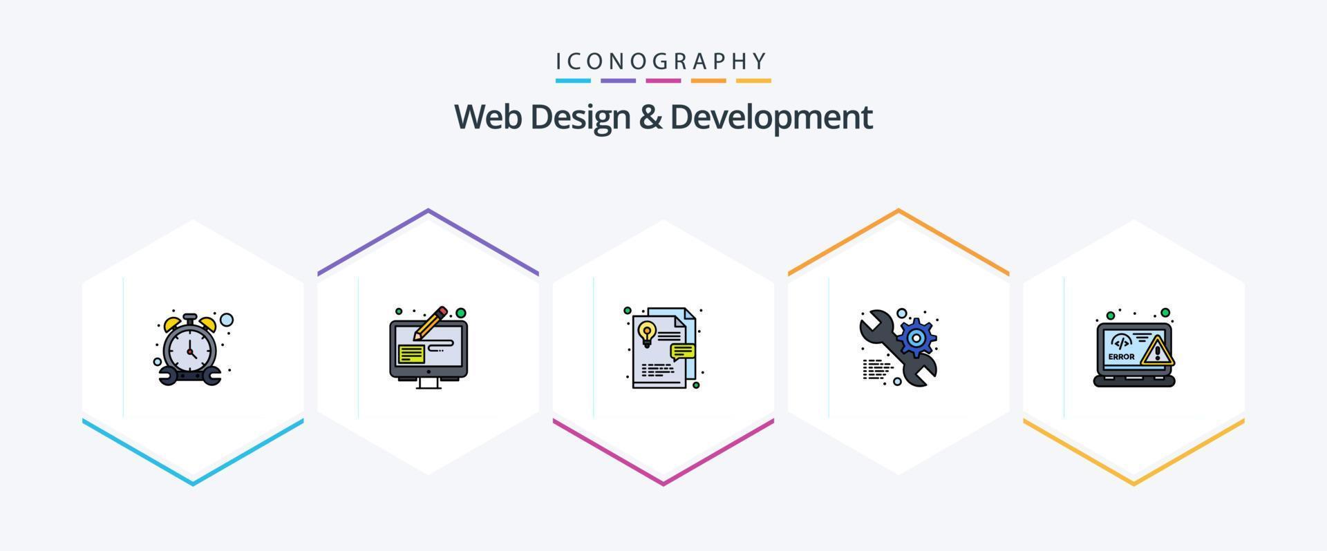 Web Design And Development 25 FilledLine icon pack including html. coding. idea. gear. setting vector