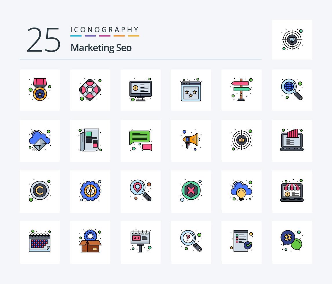 Marketing Seo 25 Line Filled icon pack including arrow. website. monitor. webpage. ranking vector