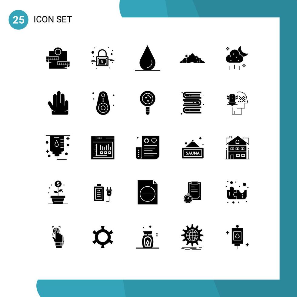 Modern Set of 25 Solid Glyphs Pictograph of weather storage water cloud mountain Editable Vector Design Elements
