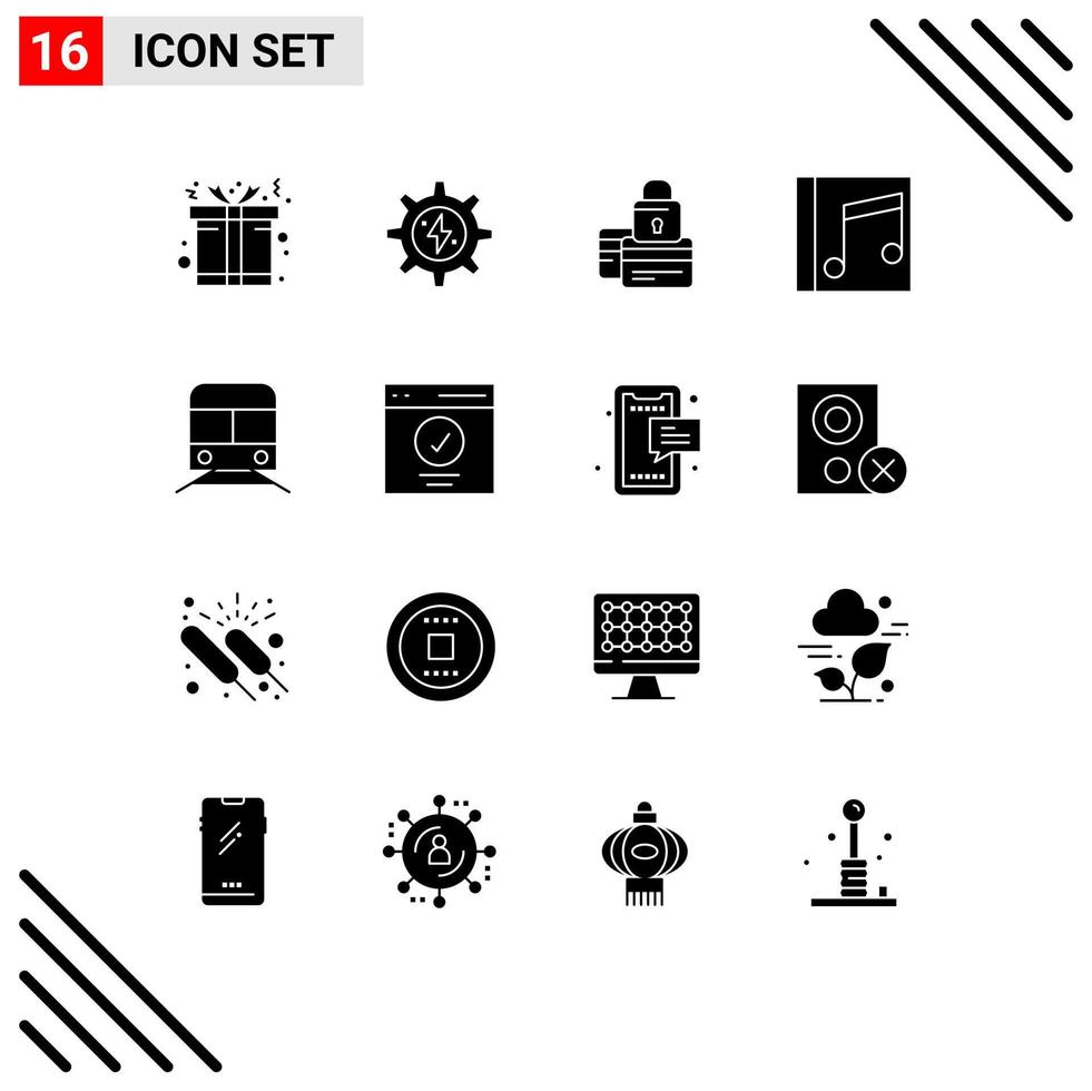 paquete de 16 signos y símbolos de glifos sólidos modernos para medios de impresión web, como canciones, tarjetas de música, medios de seguridad, elementos de diseño de vectores editables