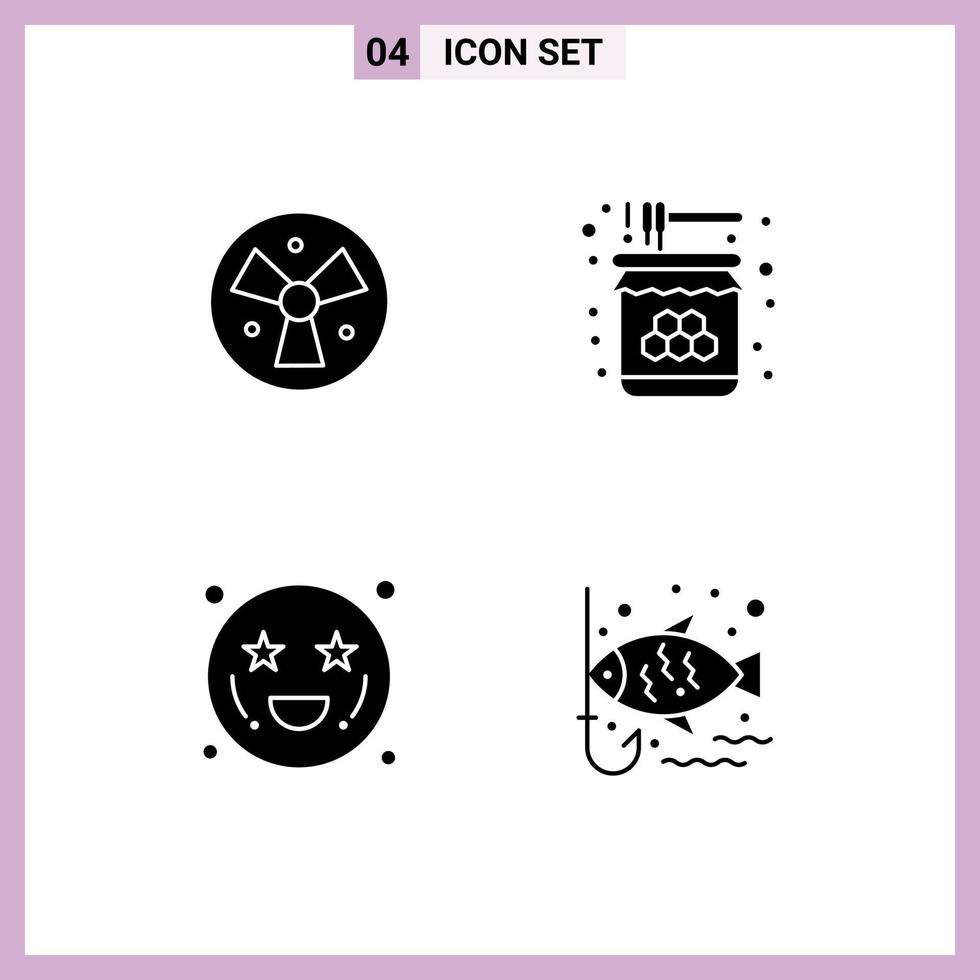 4 User Interface Solid Glyph Pack of modern Signs and Symbols of radiation adoration fan honey emots Editable Vector Design Elements