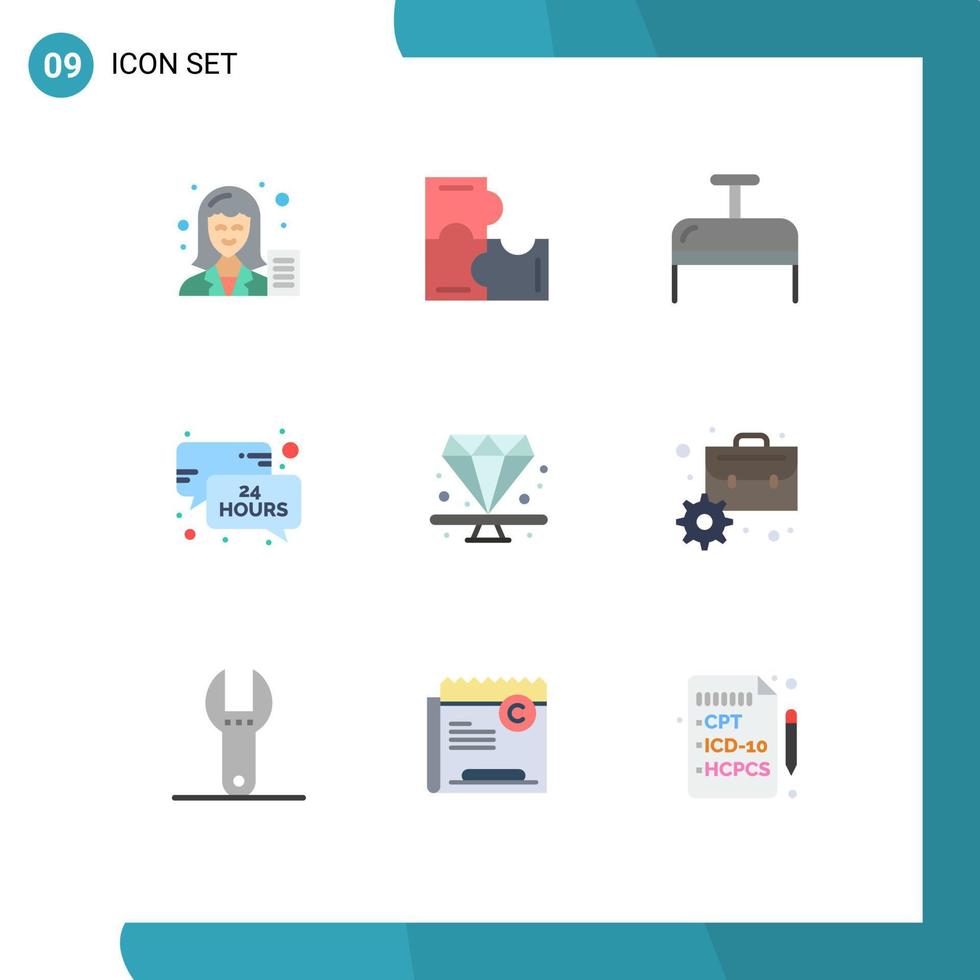 Pack of 9 Modern Flat Colors Signs and Symbols for Web Print Media such as diamond message puzzle pieces news update hours Editable Vector Design Elements