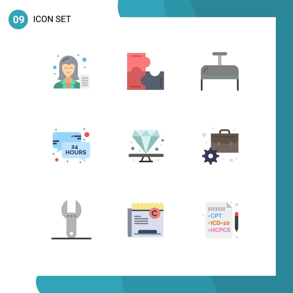 paquete de 9 signos y símbolos de colores planos modernos para medios de impresión web, como piezas de rompecabezas de mensajes de diamantes, horas de actualización de noticias, elementos de diseño de vectores editables