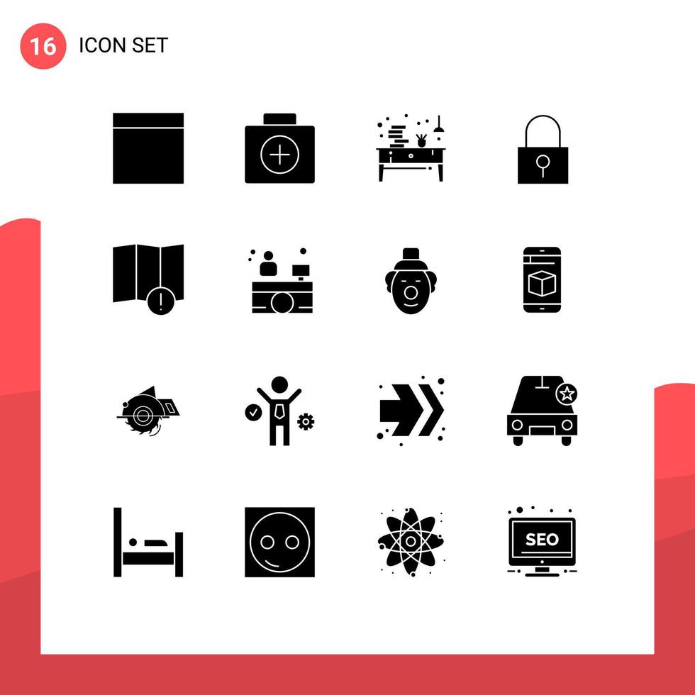 Set of 16 Vector Solid Glyphs on Grid for warning alert drawer secure password password Editable Vector Design Elements