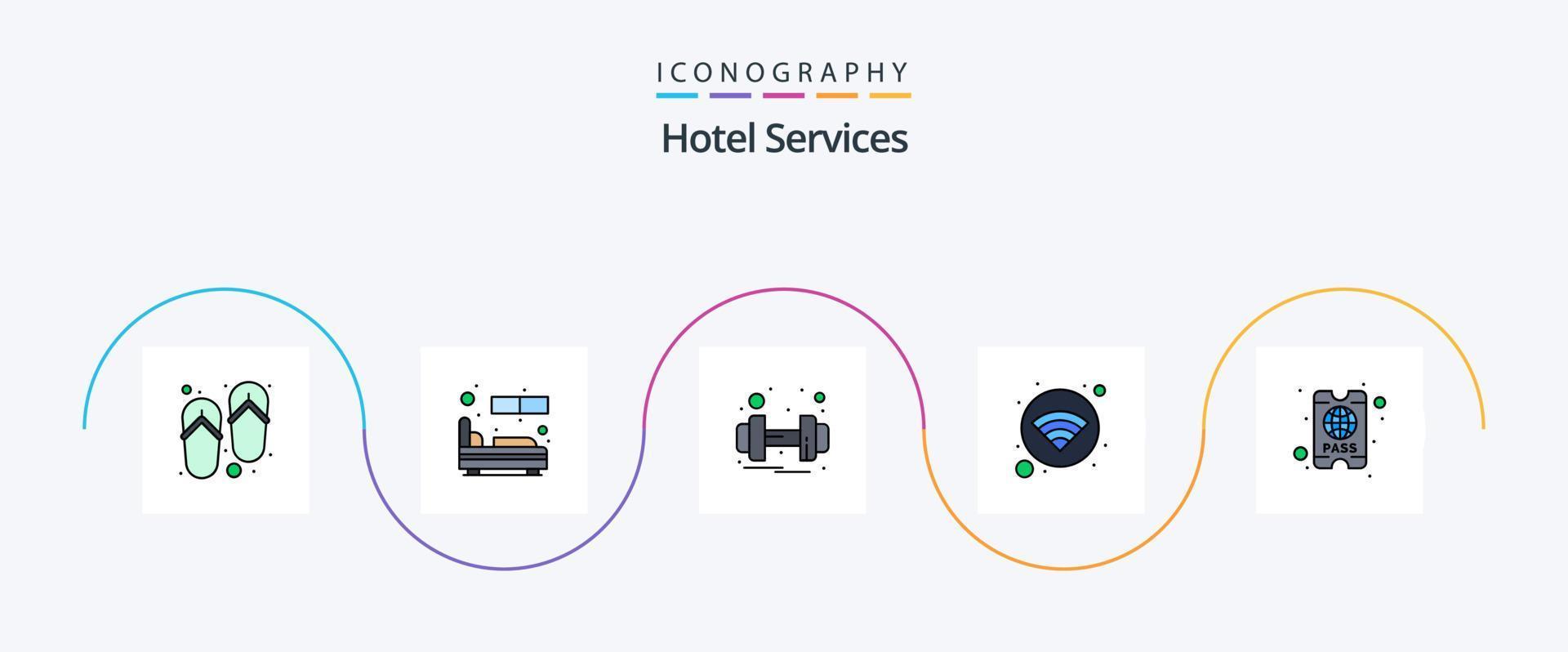 la línea de servicios del hotel llenó el paquete de iconos planos 5 que incluye el pase. Wifi. pesa. Internet. gratis vector