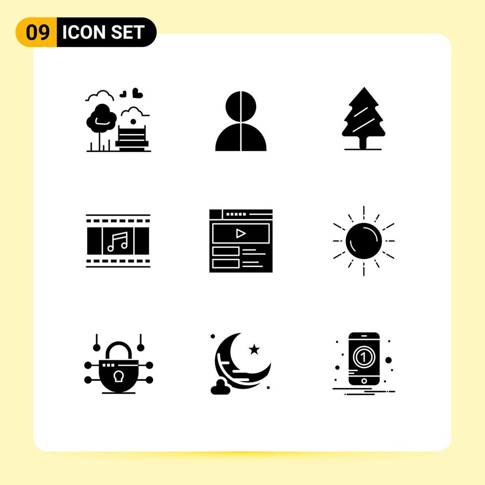 conjunto de pictogramas de 9 glifos sólidos simples de elementos de diseño vectorial editables de resorte de animación de perfil de película de tira de película vector
