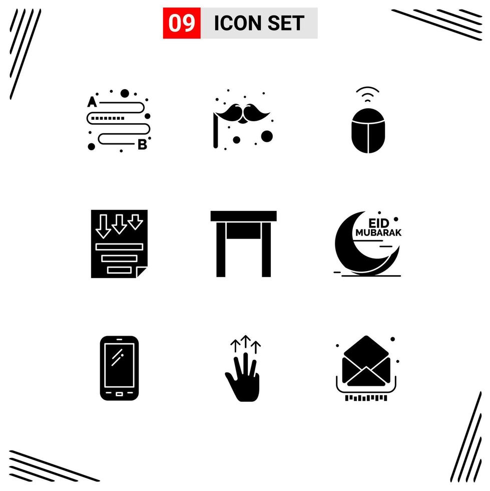 Pack of 9 Modern Solid Glyphs Signs and Symbols for Web Print Media such as stool home computer furniture paper Editable Vector Design Elements