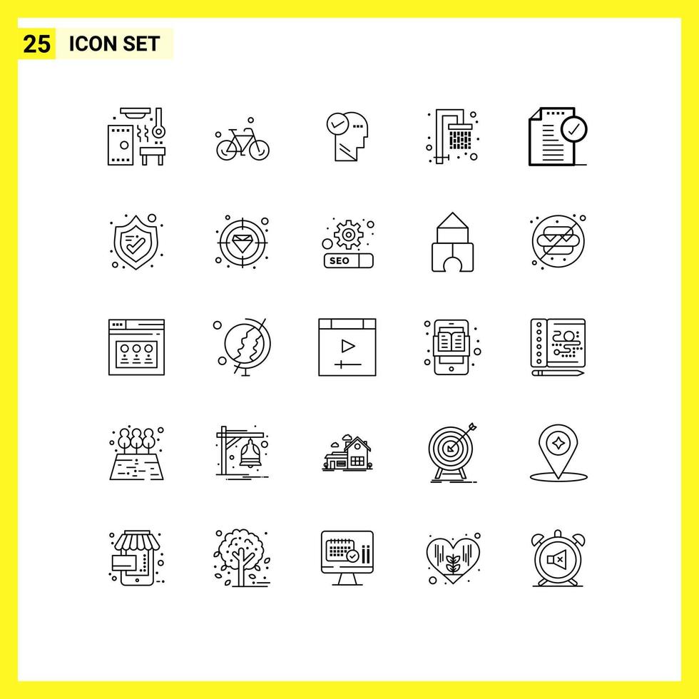 25 User Interface Line Pack of modern Signs and Symbols of document approve mind fresh shower Editable Vector Design Elements