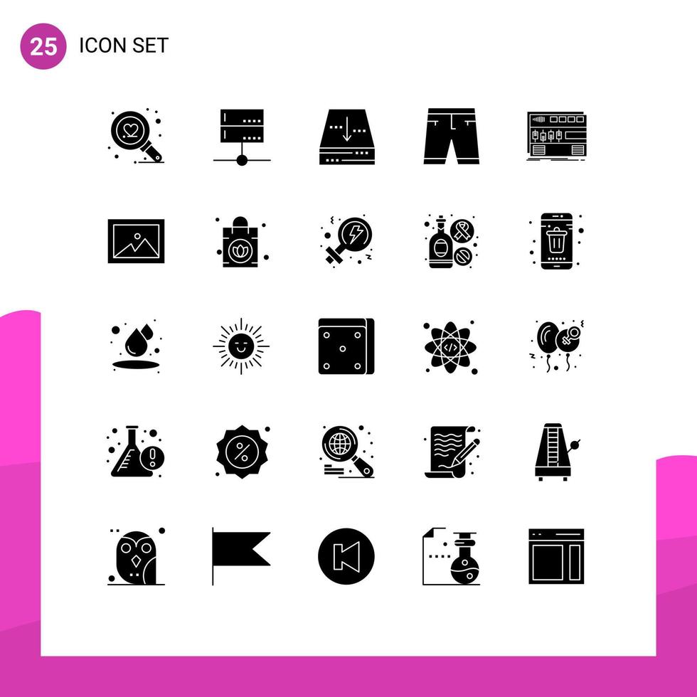 Editable Vector Line Pack of 25 Simple Solid Glyphs of audio dress archive clothing accessories Editable Vector Design Elements