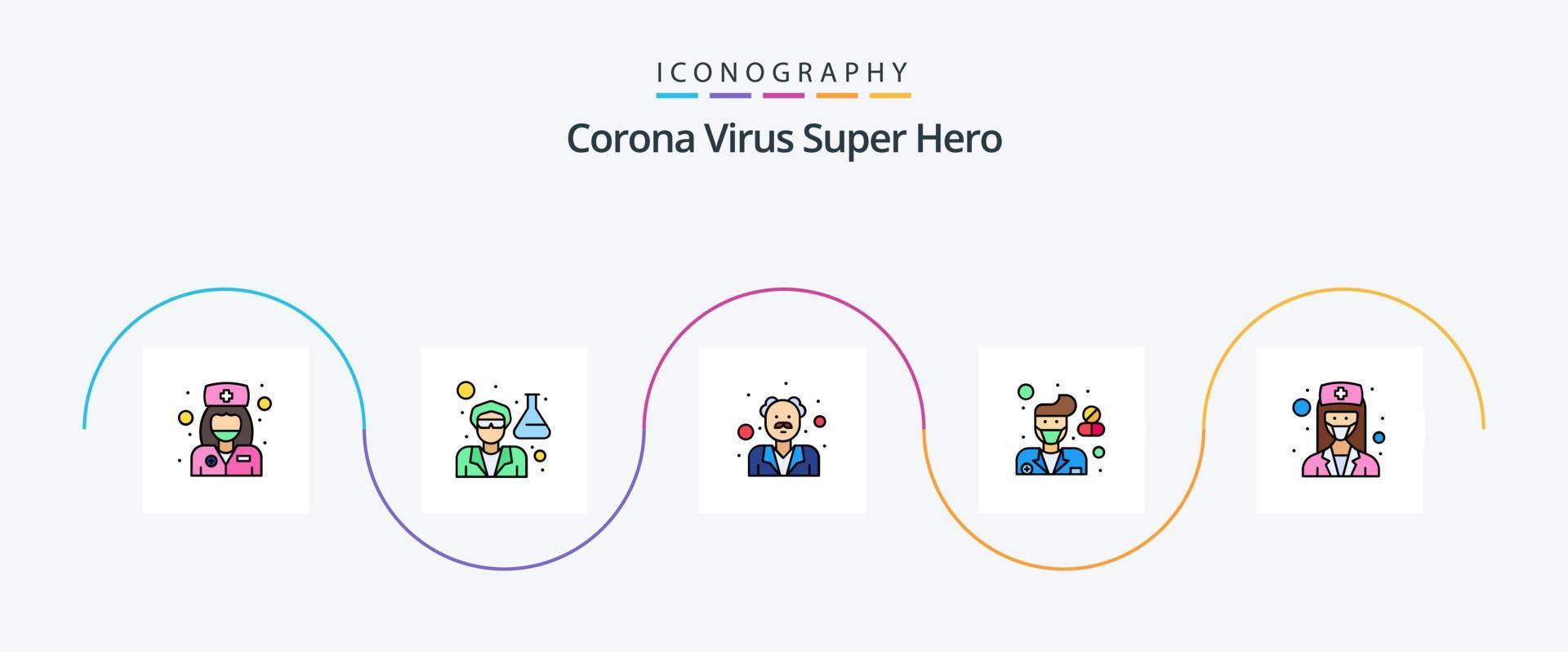 la línea de superhéroes del virus de la corona llenó el paquete de iconos planos 5 que incluye a la niña. farmacia. avatar. farmacéutico. masculino vector
