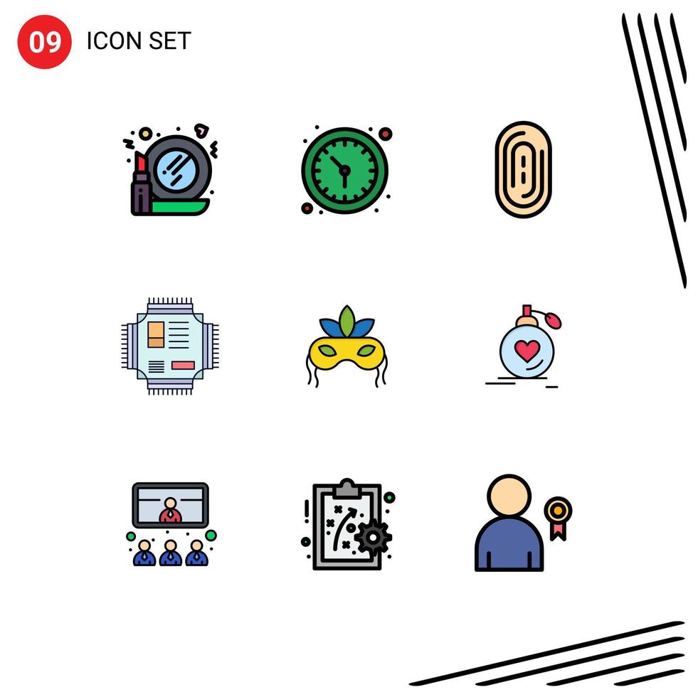 Modern Set of 9 Filledline Flat Colors Pictograph of costume technology biometric processor cpu Editable Vector Design Elements