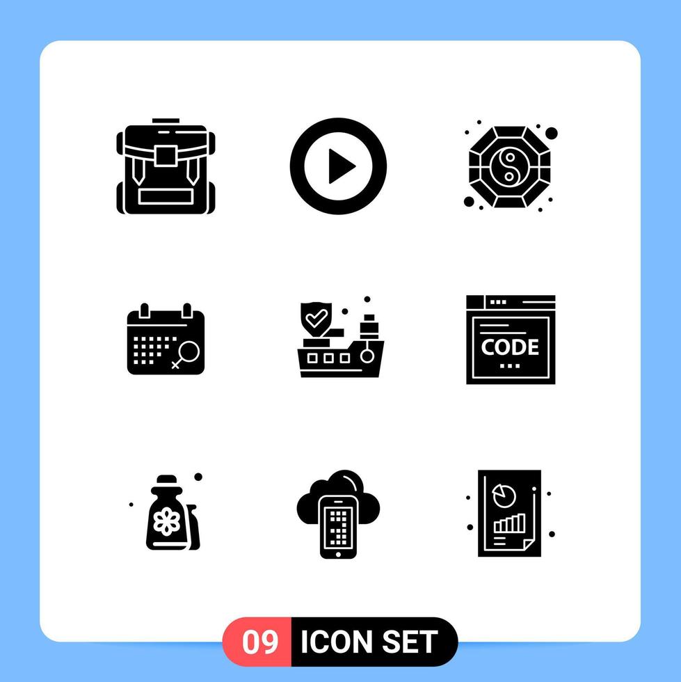 conjunto moderno de 9 glifos y símbolos sólidos como símbolo de barco ui calendario yang elementos de diseño vectorial editables vector