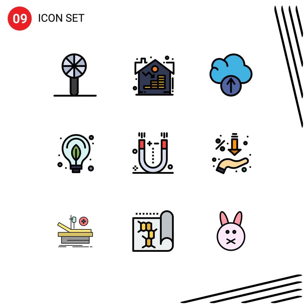 Group of 9 Modern Filledline Flat Colors Set for magnet bulb asset power energy Editable Vector Design Elements