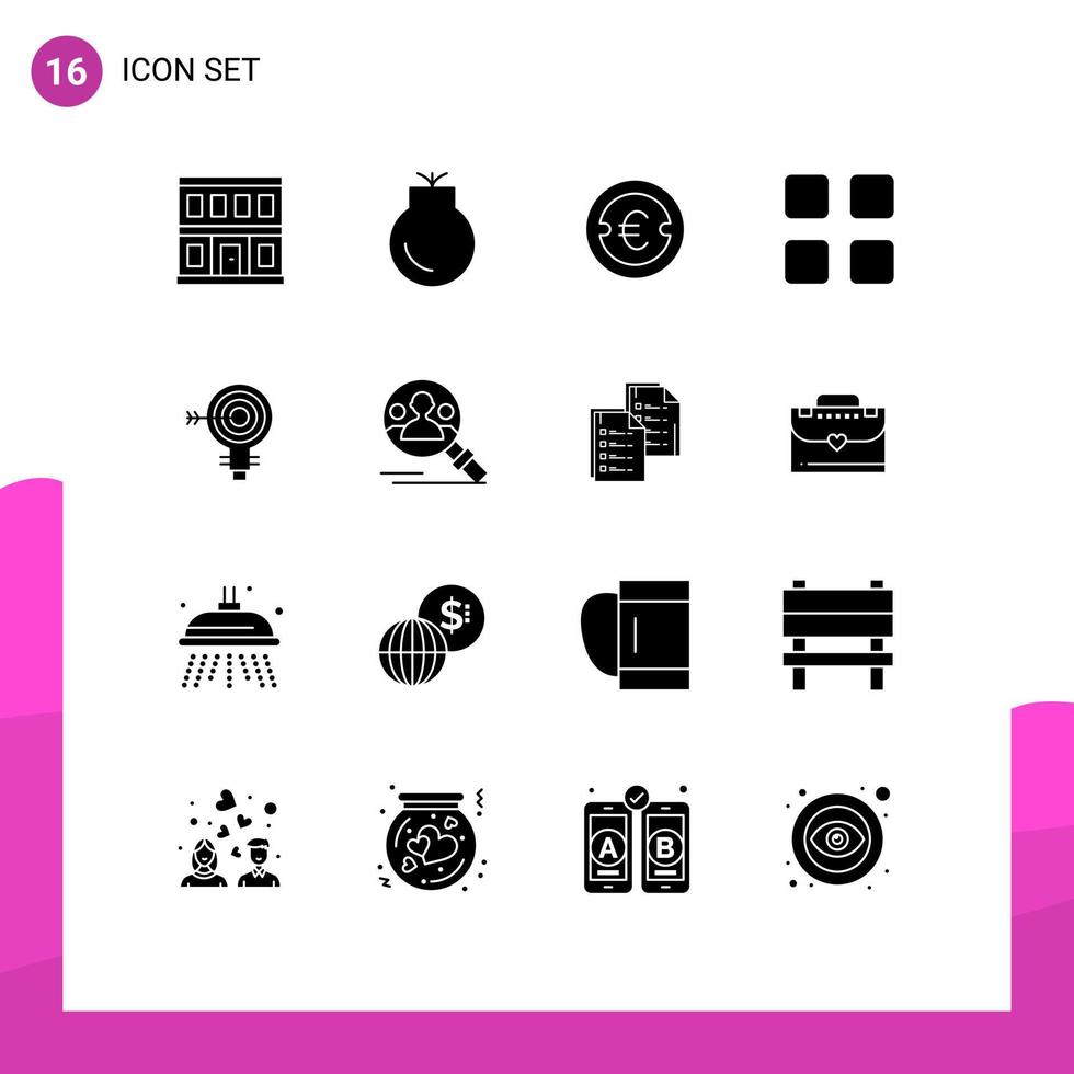 User Interface Pack of 16 Basic Solid Glyphs of target education coin calculator money Editable Vector Design Elements