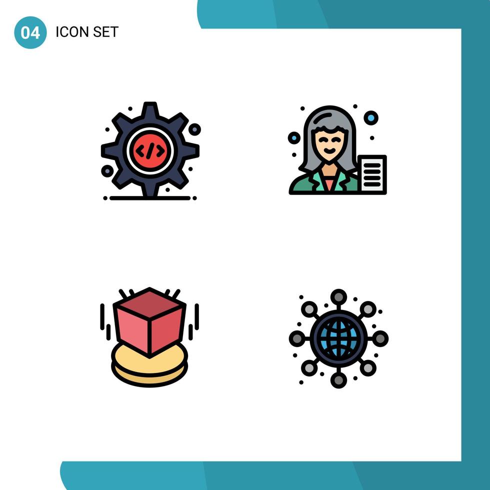 Pack of 4 creative Filledline Flat Colors of html box gear copywriter object Editable Vector Design Elements