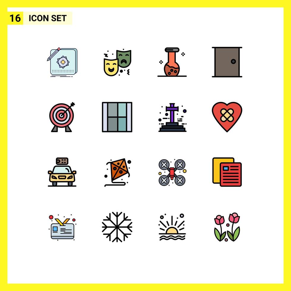 Group of 16 Modern Flat Color Filled Lines Set for home door circus buildings biology Editable Creative Vector Design Elements