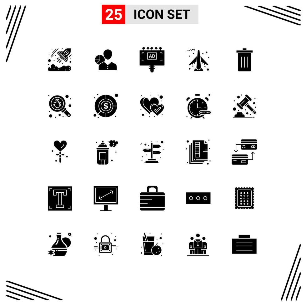 Pack of 25 Modern Solid Glyphs Signs and Symbols for Web Print Media such as plane airplane manager signboard advertising Editable Vector Design Elements