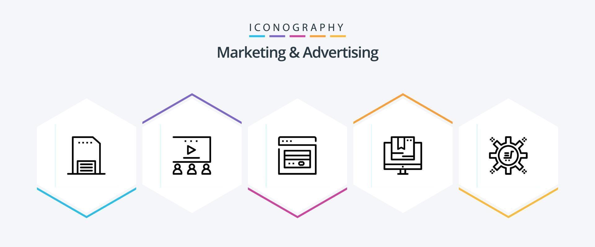 Marketing And Advertising 25 Line icon pack including technology. online. video tutorials. e. marketing vector