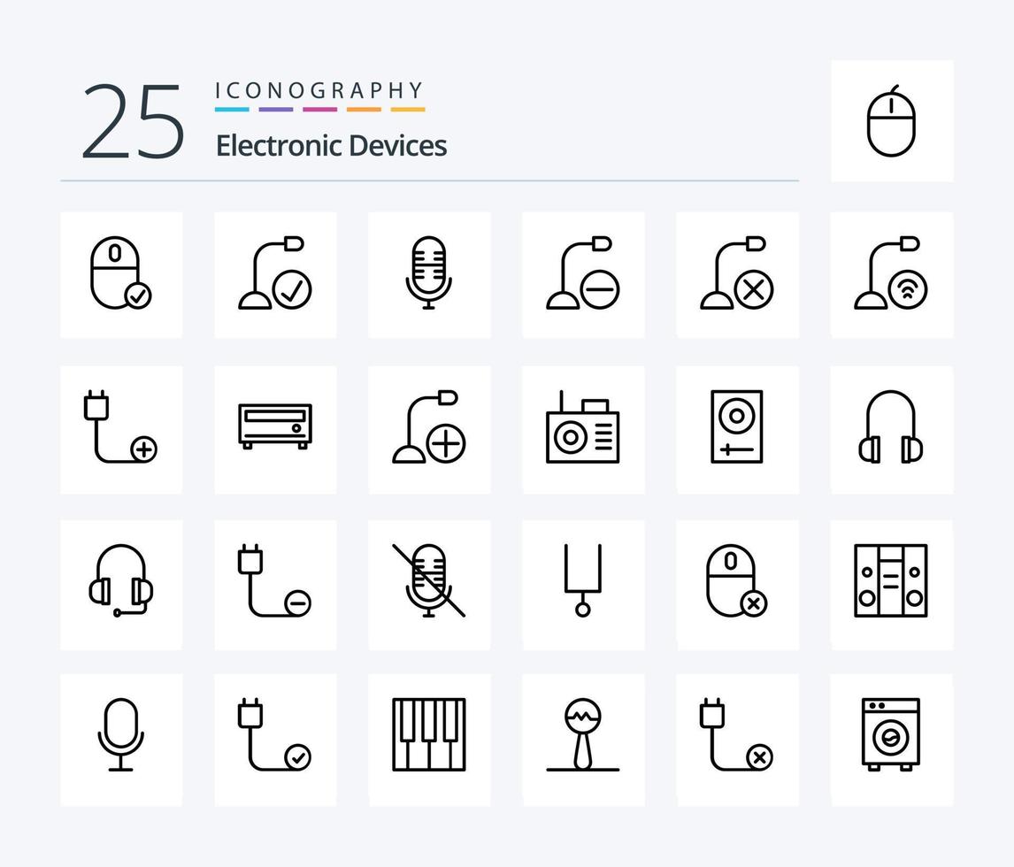 Devices 25 Line icon pack including hardware. cord. computers. computers. microphone vector