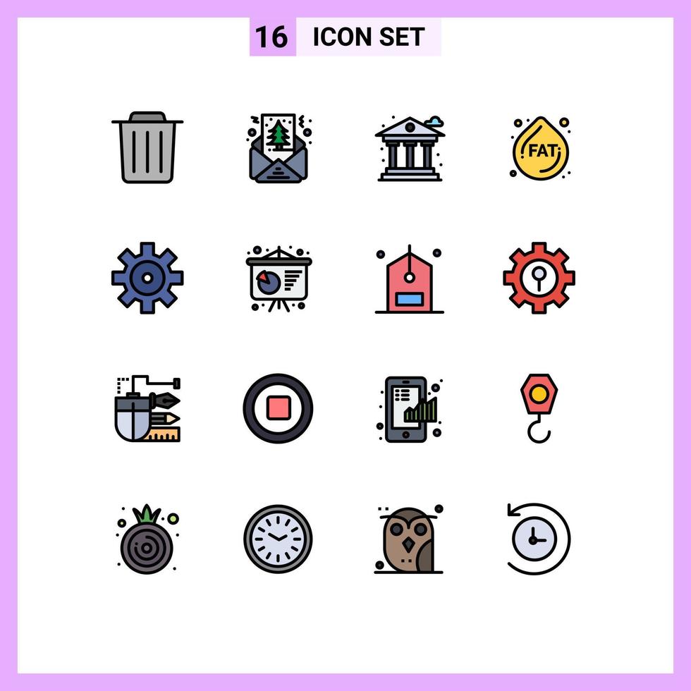 paquete de 16 signos y símbolos modernos de líneas rellenas de color plano para medios de impresión web, como vehículos de presentación de negocios, configuración de vida, elementos de diseño de vectores creativos editables