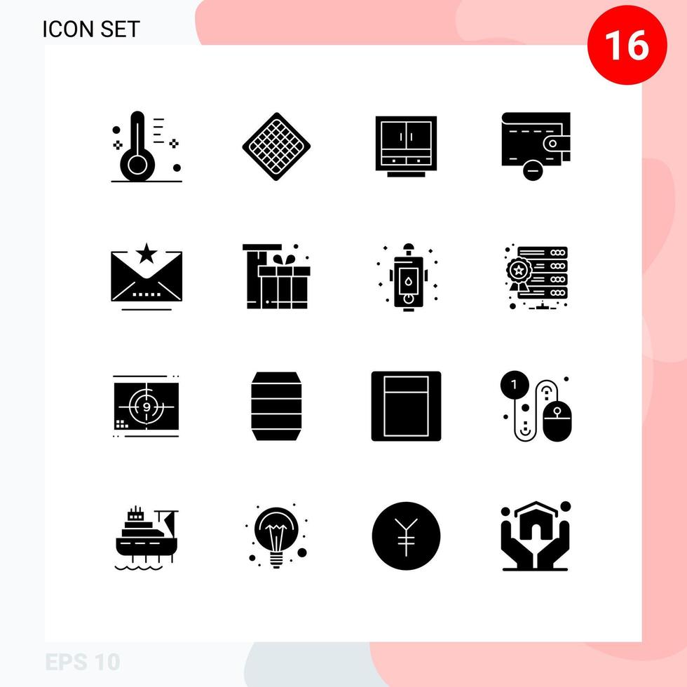 Editable Vector Line Pack of 16 Simple Solid Glyphs of wallet delete cabinet storage furniture Editable Vector Design Elements