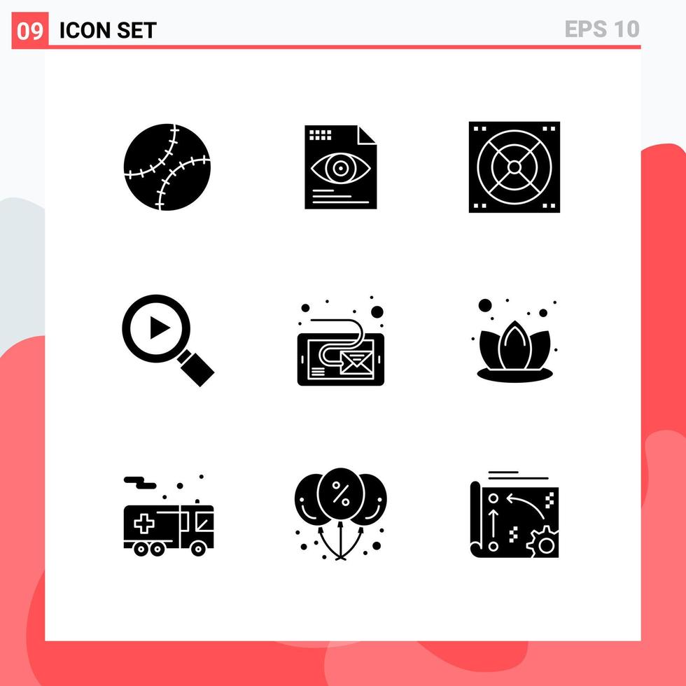 9 Universal Solid Glyph Signs Symbols of tablet inbox fan email search Editable Vector Design Elements