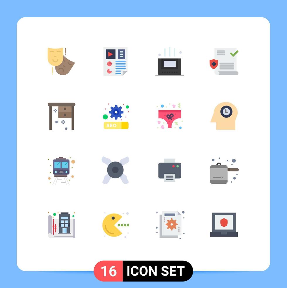 grupo de 16 signos y símbolos de colores planos para escudo de oficina archivo seo paquete médico editable de elementos creativos de diseño de vectores