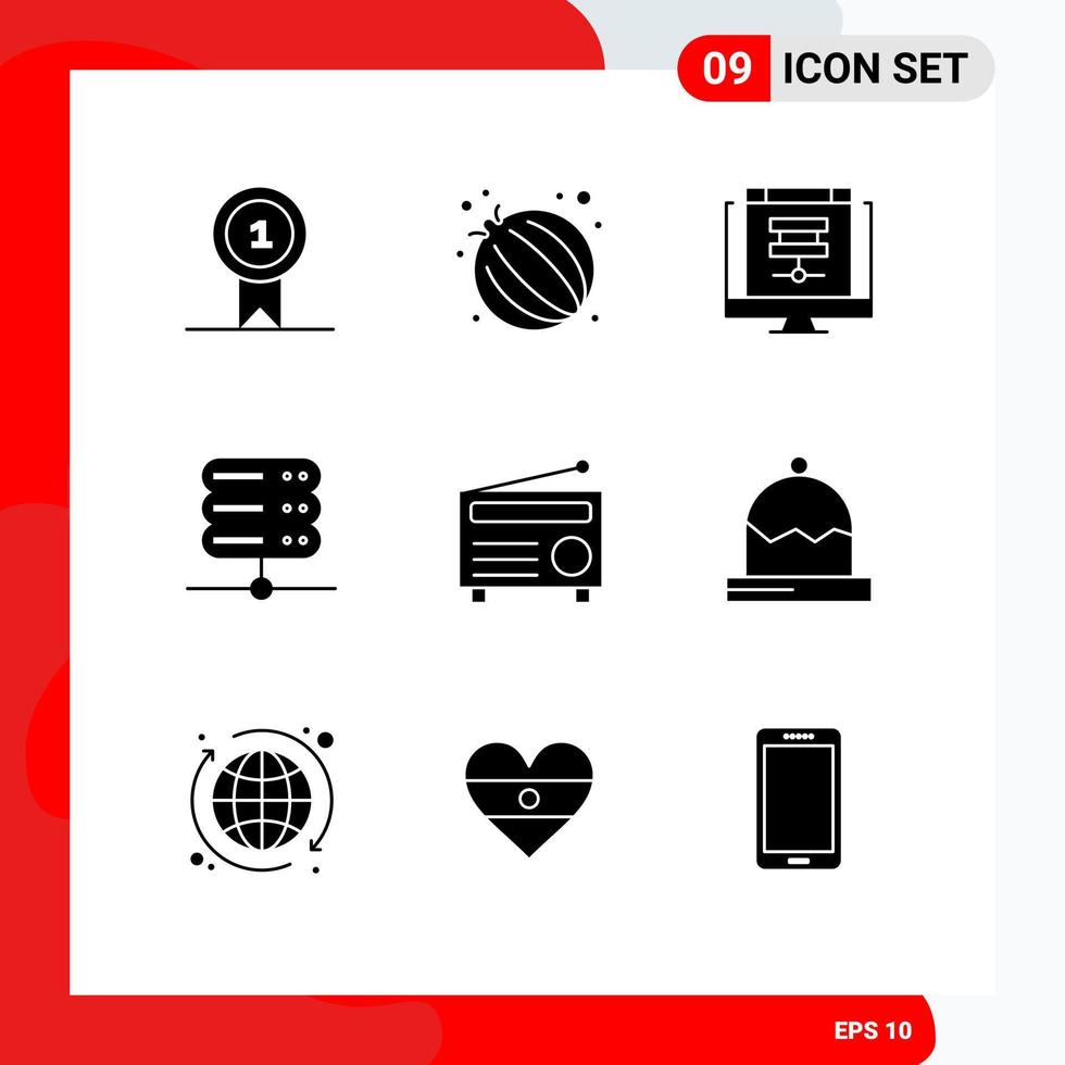 Universal Icon Symbols Group of 9 Modern Solid Glyphs of audio radio data server database Editable Vector Design Elements