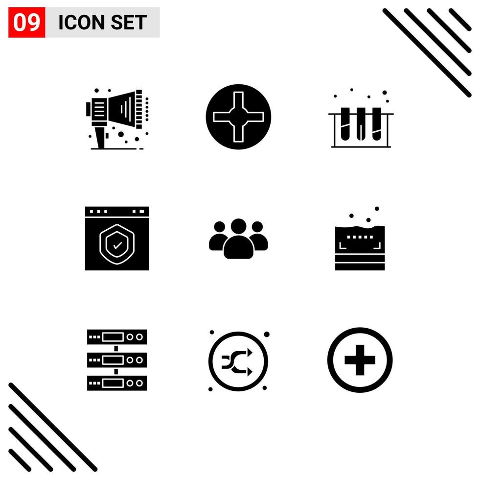 9 Thematic Vector Solid Glyphs and Editable Symbols of users friends test protection interface Editable Vector Design Elements