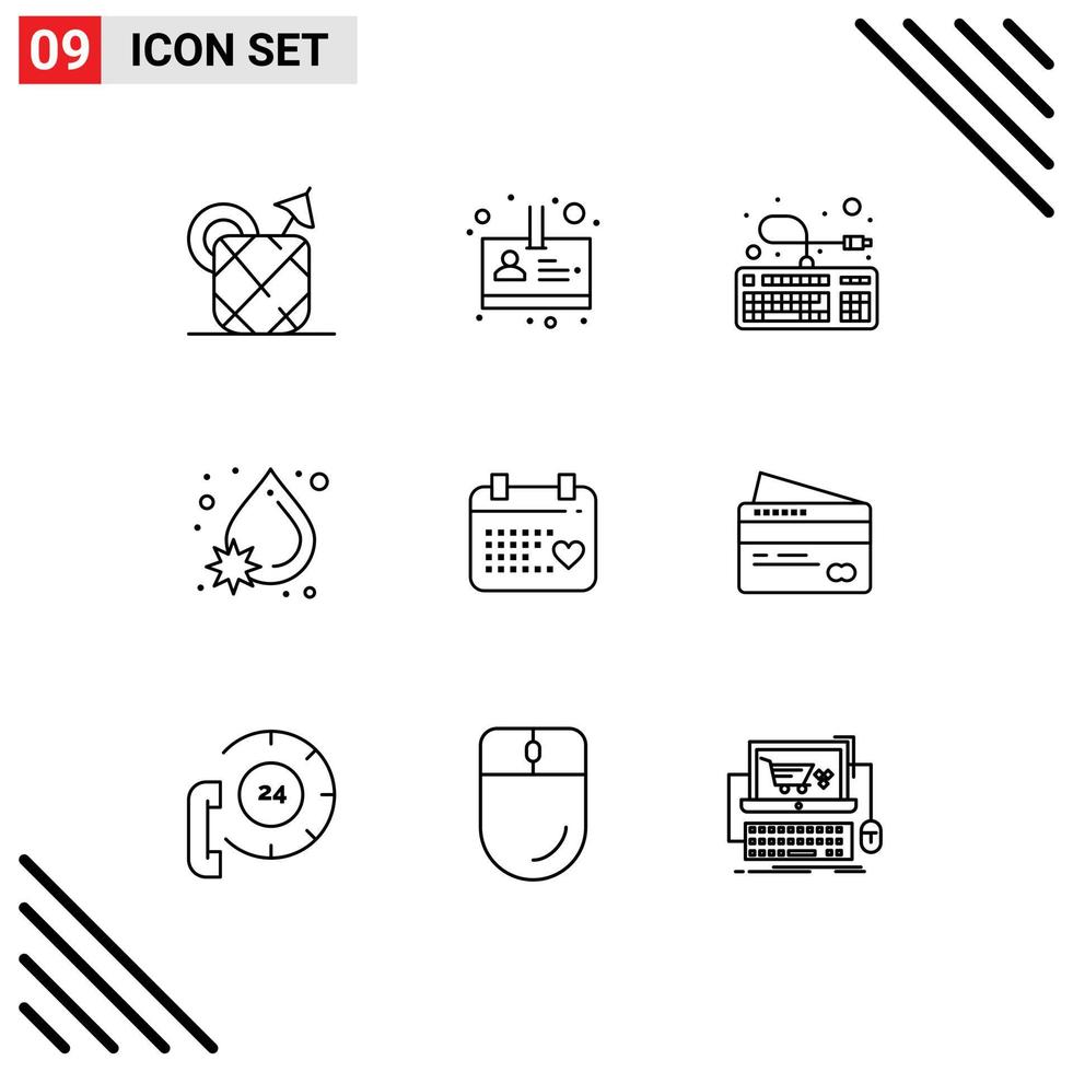 Pack of 9 creative Outlines of love calender keyboard water blood Editable Vector Design Elements