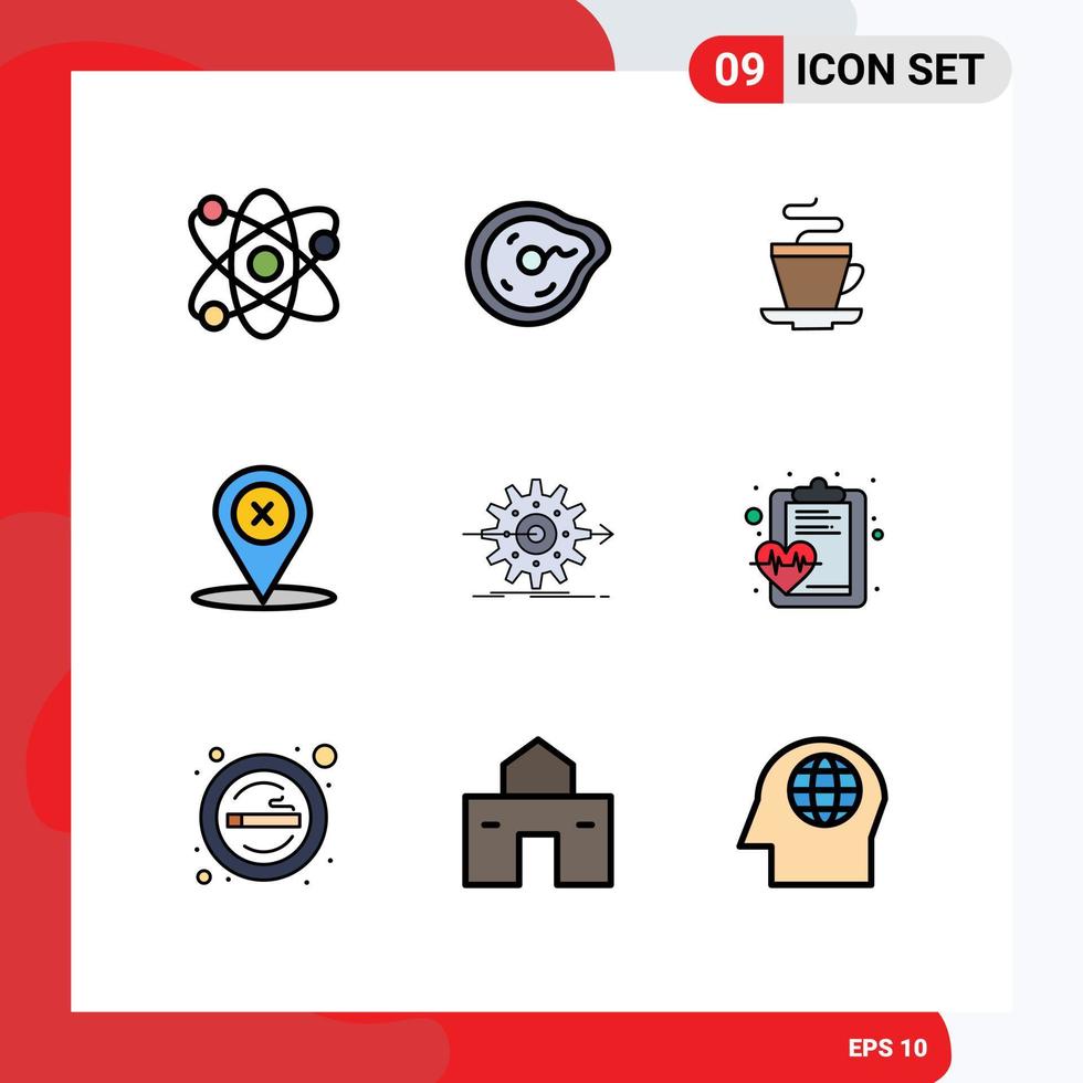 9 User Interface Filledline Flat Color Pack of modern Signs and Symbols of performance place physics navigation indian Editable Vector Design Elements