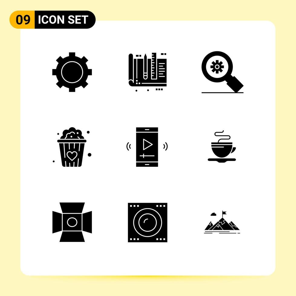 Solid Glyph Pack of 9 Universal Symbols of movie screen snacks love tools popcorn setting Editable Vector Design Elements