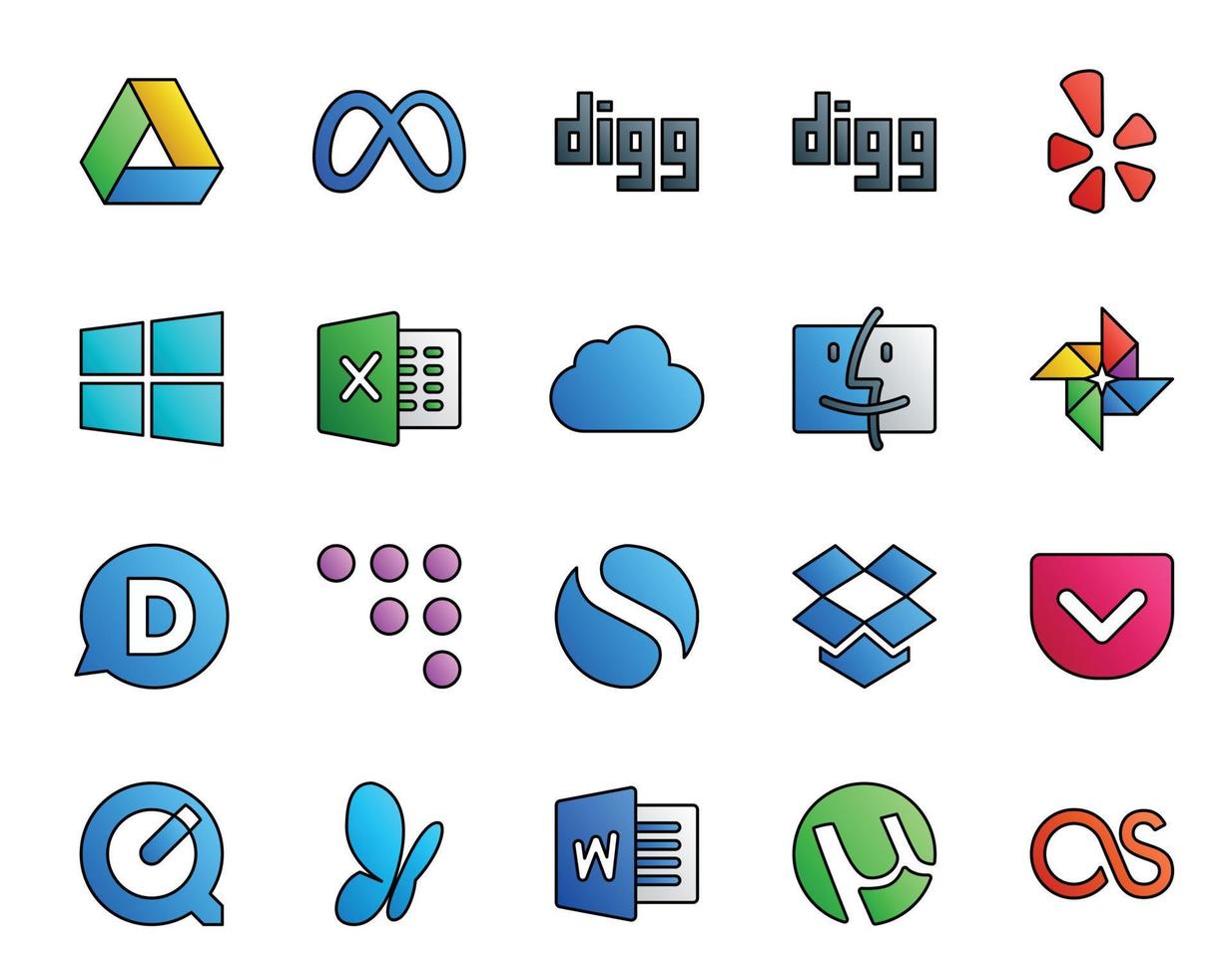 20 Social Media Icon Pack Including word quicktime finder pocket simple vector