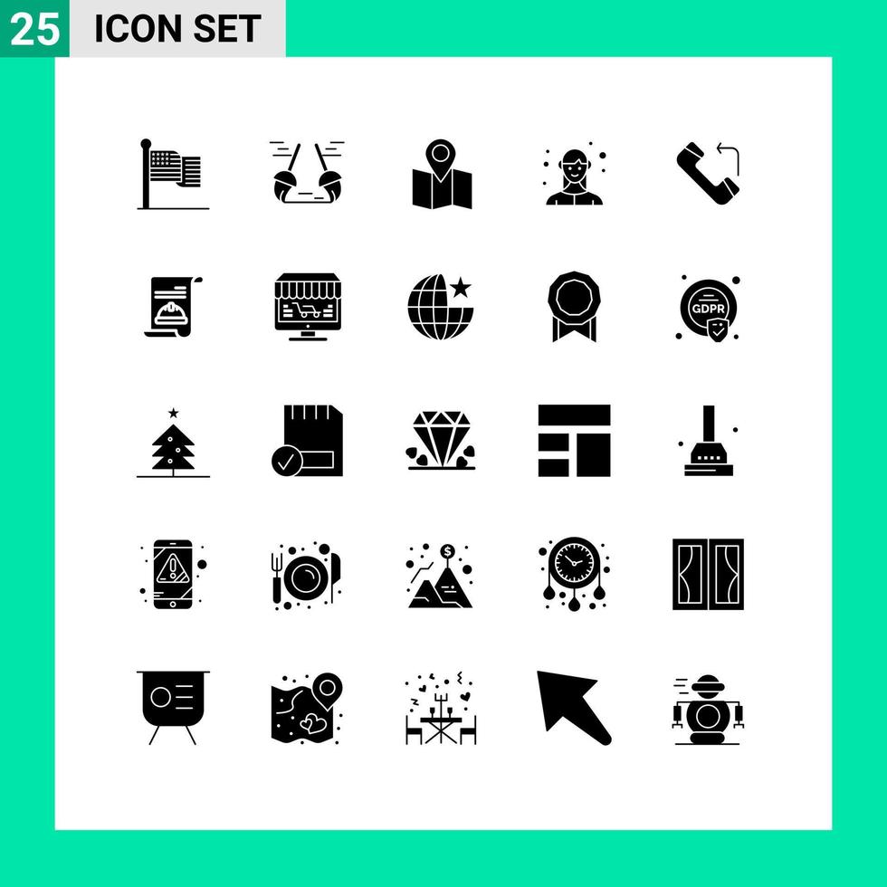 Group of 25 Modern Solid Glyphs Set for incoming answer location business female Editable Vector Design Elements