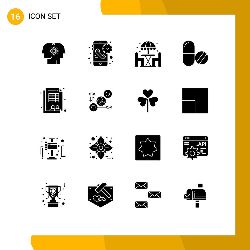 Modern Set of 16 Solid Glyphs Pictograph of tablet medical receiver drug dinner Editable Vector Design Elements