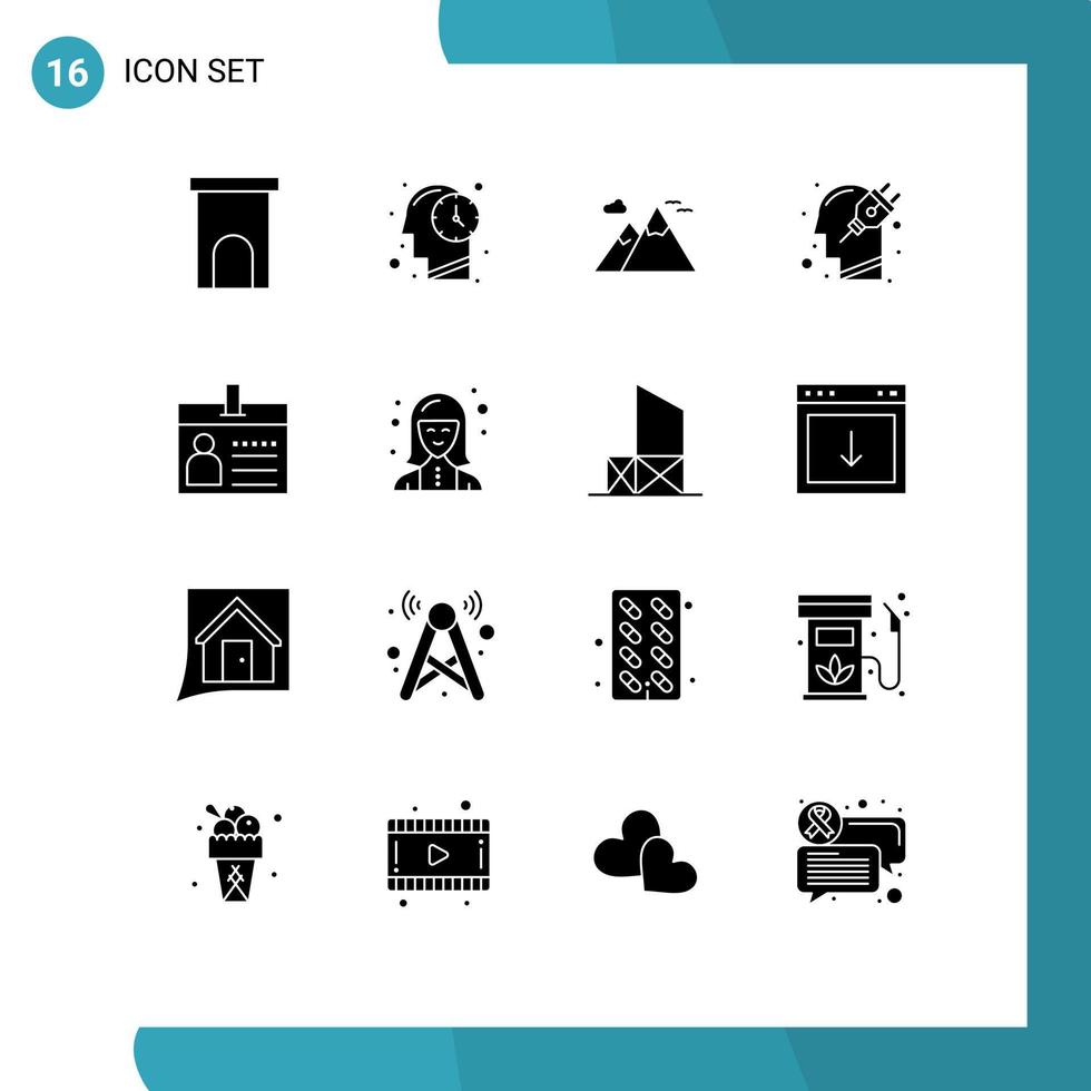 Set of 16 Modern UI Icons Symbols Signs for badge plug mountains mind head Editable Vector Design Elements