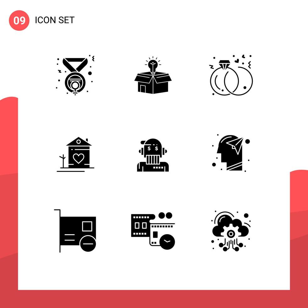 Group of 9 Solid Glyphs Signs and Symbols for hut family bulb house rings Editable Vector Design Elements