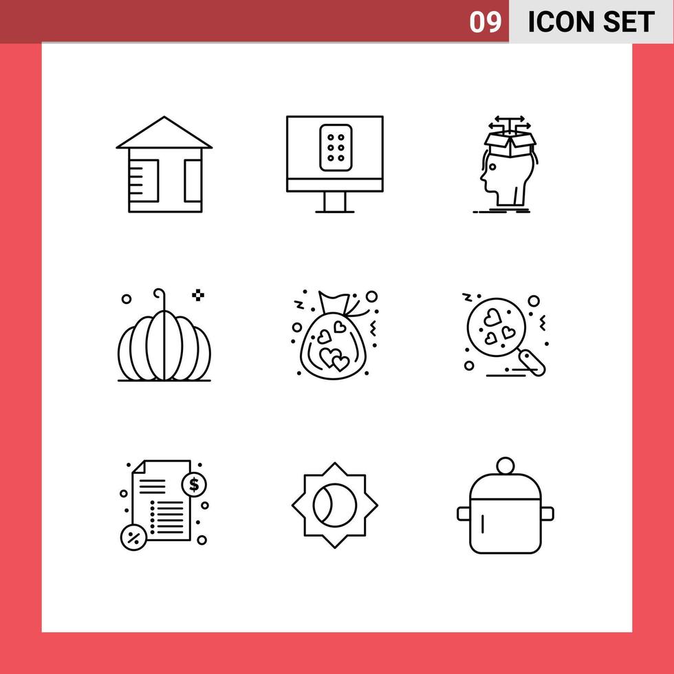 Mobile Interface Outline Set of 9 Pictograms of donation bag head vegetable pumpkin Editable Vector Design Elements