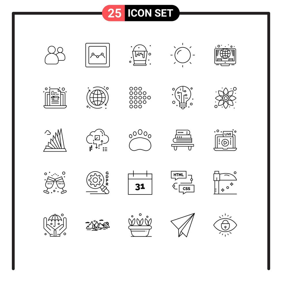 Mobile Interface Line Set of 25 Pictograms of laptop investment color global sun Editable Vector Design Elements