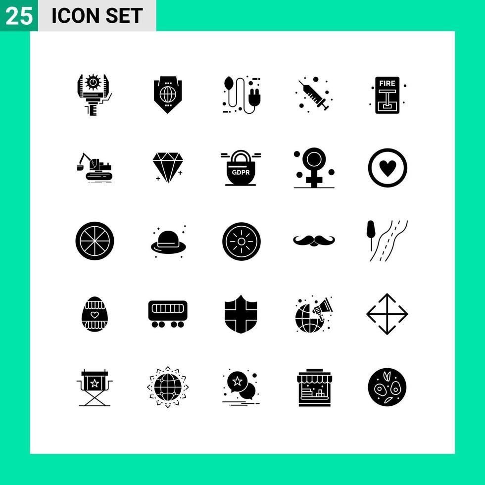 Pack of 25 Modern Solid Glyphs Signs and Symbols for Web Print Media such as medical injection globe plug eco Editable Vector Design Elements