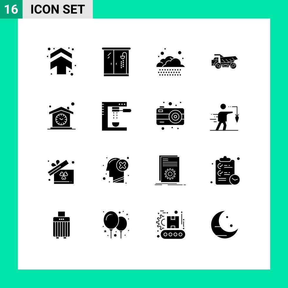 Editable Vector Line Pack of 16 Simple Solid Glyphs of clock house rain home transport Editable Vector Design Elements