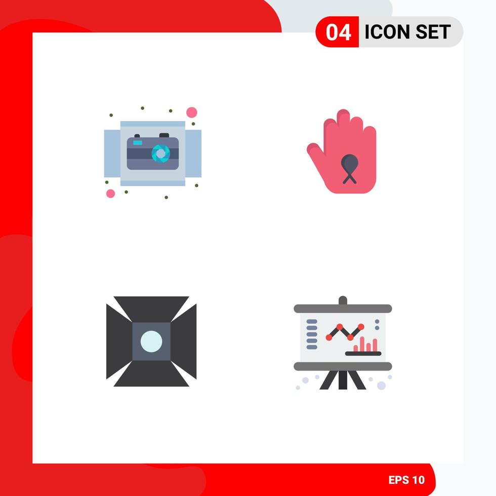conjunto moderno de 4 iconos planos pictograma de elementos de diseño de vector editables de luz de mano de producto de foco de cámara