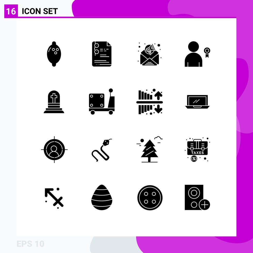 16 User Interface Solid Glyph Pack of modern Signs and Symbols of rip grave digital marketing death decoration Editable Vector Design Elements