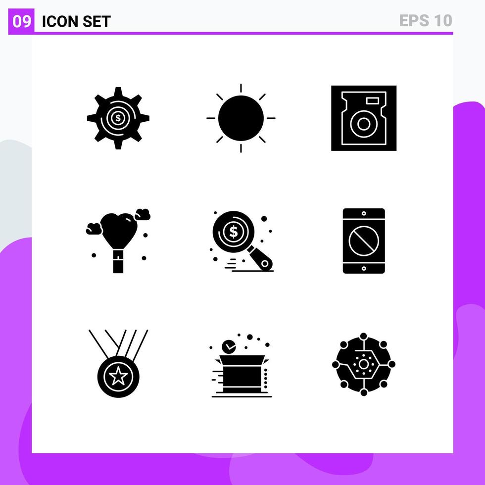 Pack of 9 Modern Solid Glyphs Signs and Symbols for Web Print Media such as search money tool wedding balloon Editable Vector Design Elements