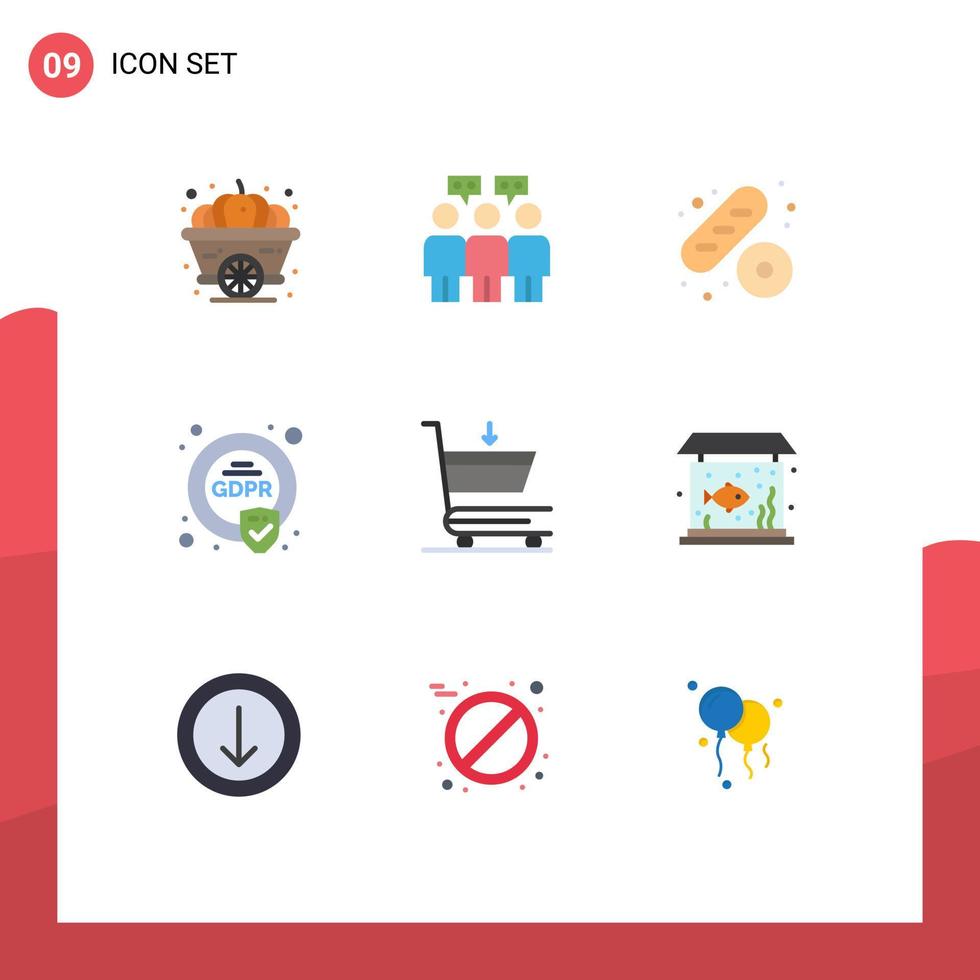 paquete de 9 signos y símbolos de colores planos modernos para medios de impresión web, como elementos de diseño de vectores editables de carrito de pasteles de comercio doméstico de la UE