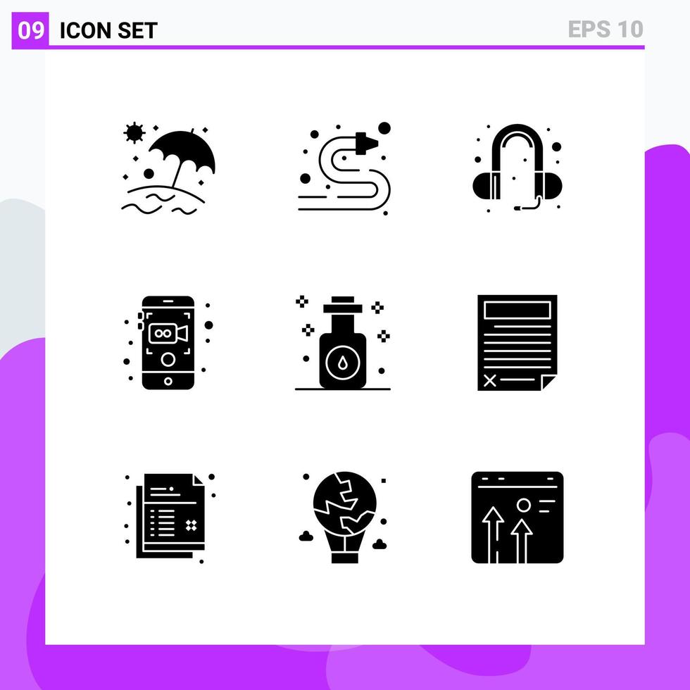 9 Creative Icons Modern Signs and Symbols of spa massage head phone aromatherapy video Editable Vector Design Elements